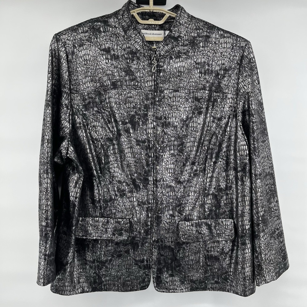 Alfred Dunner Women's Size 18W Black Silver Metallic Jacket Blazer Reptile Print